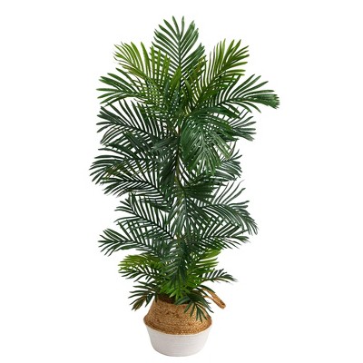 Nearly Natural 5-ft Areca Palm Tree in Boho Chic Handmade Cotton & Jute White Woven Planter UV Resistant