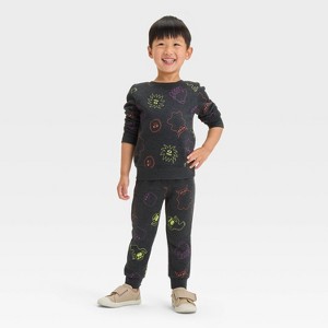 Toddler Boys' Skeleton Halloween Long Sleeve Fleece Crewneck and Jogger Pants Set - Cat & Jack™ Black - 1 of 4