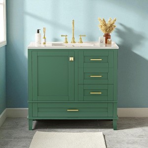 36" Green Bathroom Vanity with Solid Pine Frame, 1 Soft Close Door and 3 Drawers, Modern Storage Cabinet with Ceramic Sink - 1 of 4