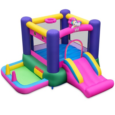 Tangkula Inflatable Bounce Castle Kids Bounce House w/Slide Basketball Hoop & Ball Pit Ring-toss & Pitching Game w/Carry Bag Without Blower