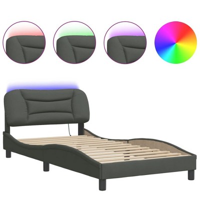 vidaXL Twin XL Bed Frame with Colorful LED Lights - Dark Gray, Breathable Fabric, Plywood Slats, Elegant Waved Design, Supportive Headboard Cushion