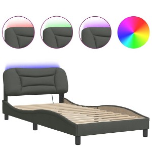 vidaXL Twin XL Bed Frame with Colorful LED Lights - Dark Gray, Breathable Fabric, Plywood Slats, Elegant Waved Design, Supportive Headboard Cushion - 1 of 4