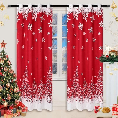 Red Snowflake Christmas Curtains 2-Panel - Grommet Top Room Darkening Window Drapes for Living Room & Bedroom