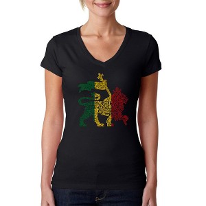 LA Pop Art Women's Word Art V-Neck T-Shirt - Rasta Lion - One Love - 1 of 4