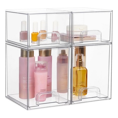 Stackable Storage Drawers Set of 4,Clear Plastic Organizer Bins for Makeup, Cosmetics, Beauty Supplies