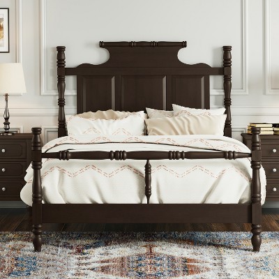 Vintage Country Style Queen/King Size Platform Bed with 56.9" High Crown-Like Headboard, Wood Four Poster Bed Frame - ModernLuxe