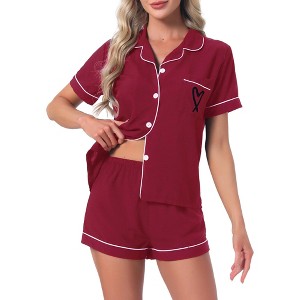 INSPIRE CHIC Women's 2 Pcs Heart Print Cute Short Sleeve Button Downs Shirt with Shorts Lounge Pajama Sets - 1 of 4
