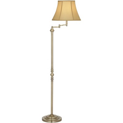 Antique Brass Adjustable Floor Lamp with Beige Fabric Shade
