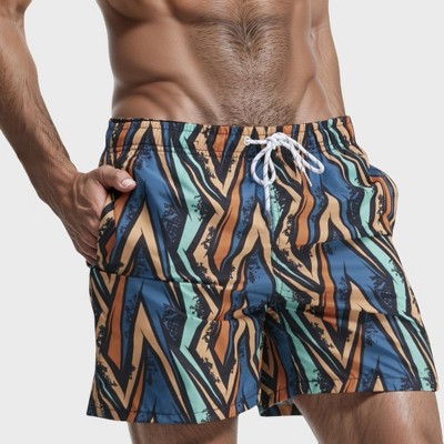 Anna-Kaci Swim Men's Geometric Zigzag Swim Trunks with Abstract Stripes Elastic Waist and Side Pockets