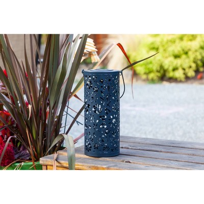 Midnight Blue Floral Punched Metal Solar Lantern