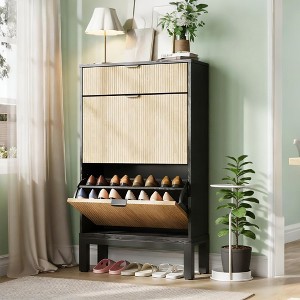 Shoe Cabinet Storage for Entryway, Freestanding Shoe Organizer with 2 Flip Fluted Doors and 1 Drawer - 1 of 4