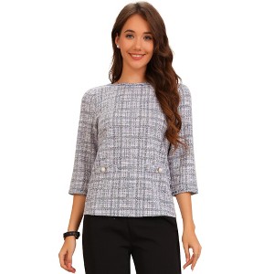 INSPIRE CHIC Women's Tweed Plaid 3/4 Sleeve Pearl Button Decor Casual Blouse - 1 of 4