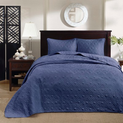 Navy King-Size Reversible Microfiber Bedspread Set with Classic Stitch