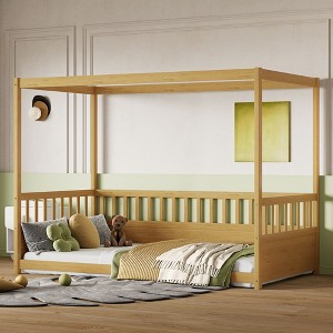 CAVINAS Twin/Full Size Canopy Floor Beds with Guardrails for Kids,Wooden Canopy Toddler Bed,Floor Bed Frame for Girls,Boys,Box Spring Required - 1 of 4