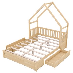 YNXARIA Natural Wood Queen House Platform Bed Equipped with Guardrails and 2 Drawers - 1 of 4