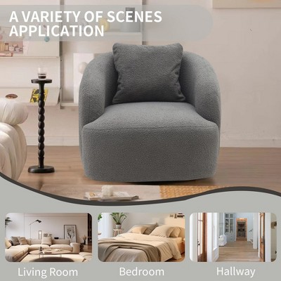 Gray Boucle Upholstered Swivel Barrel Chair with Metal Base