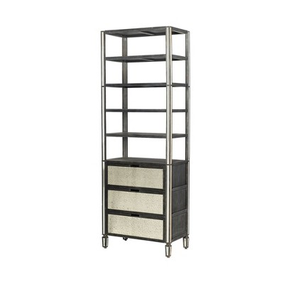 HomeRoots 32" Dark Brown Solid Wood and Mirrored Glass Four Tier Bookcase with Three Drawers
