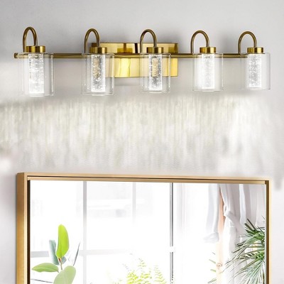 Whizmax Bathroom Light Fixture, 5 Brushed Gold Vanity Lamps, Crystal Glass, Dimmable, Suitable for Bathroom Hallway Kitchen Bedroom Living Room