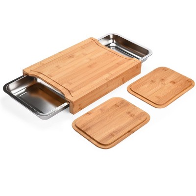 Bamboo Cutting Board Set with Stainless Steel Trays