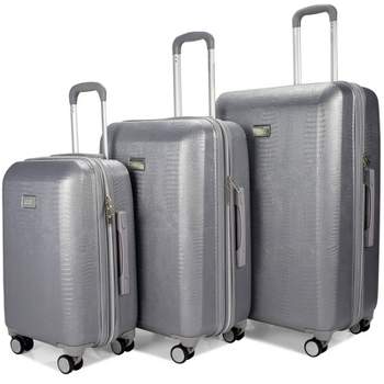 Badgley Mischka Snakeskin Expandable Hardside Checked 3pc Luggage Set - Silver
