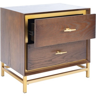 Walnut and Brass 2 Drawer Modern Nightstand with Gold Trim