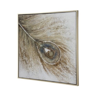40" x 40" Blue and Gold Abstract Peacock Feather Canvas Painting