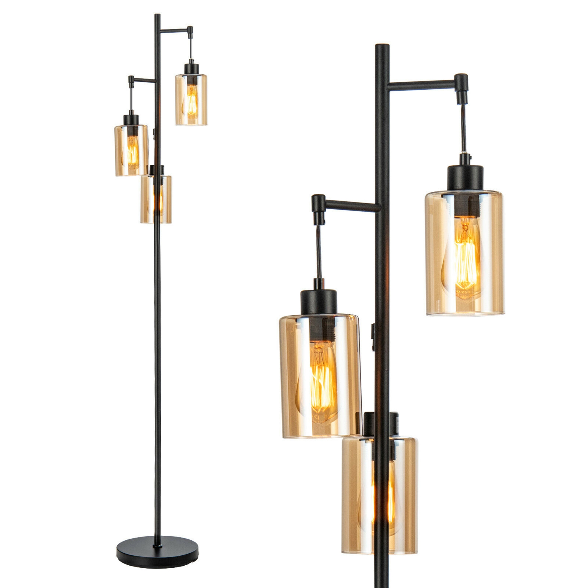 Costway Freestanding Floor Lamp Retro Floor Lamp w/3-Head Hanging Amber Glass Shade