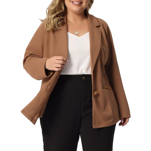 Agnes Orinda Women's Plus Size Button Down Notched Lapel Office Blazers  Brown 4x : Target