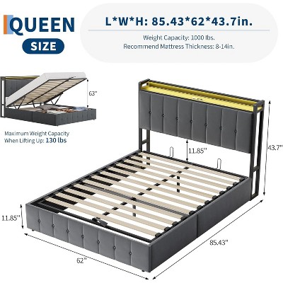 Hydraulic Storage Bed Frame with Upholstered Velvet Headboard, LED Lighting, Charging Station, and Wooden Slats