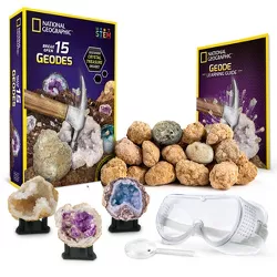 NATIONAL GEOGRAPHIC Break Open 15 Premium Geodes, Includes Goggles, Detailed Learning Guide, 3 Display Stands, STEM Science Toy & Educational Gift