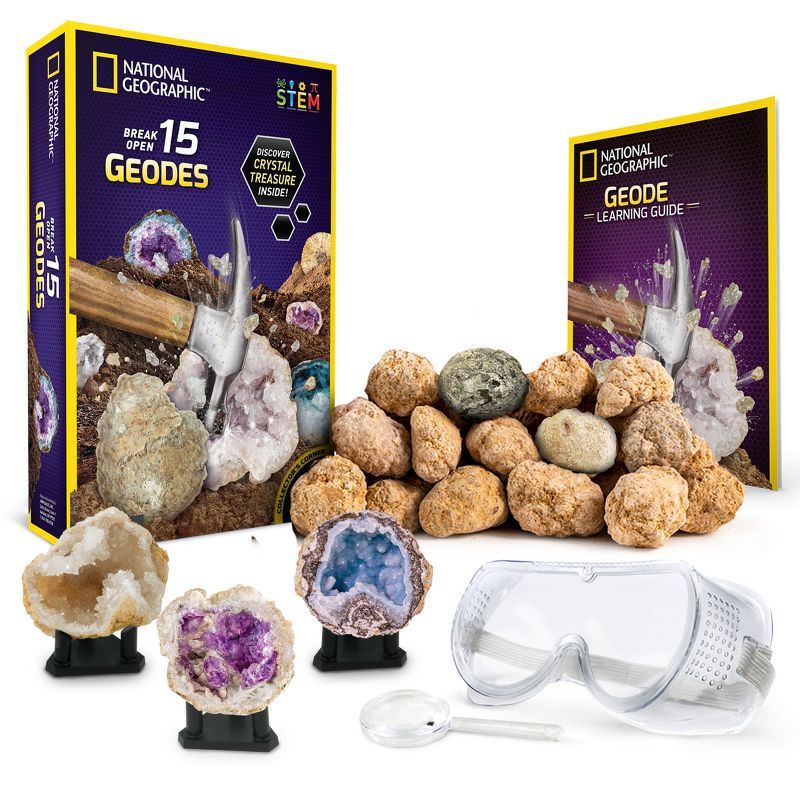 NATIONAL GEOGRAPHIC Break Open 15 Premium Geodes, Includes Goggles, Detailed Learning Guide, 3 Display Stands, STEM Science Toy & Educational Gift, 1 of 12