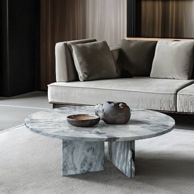 NicBex Natural Marble Small Coffee Table, Genuine Marble Round End Table, Stone Side Table for Living Room,17.7" Nightstand with Semi-Polished Surface