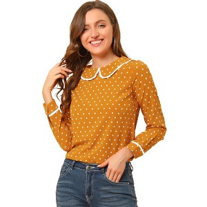 Allegra K Women's Peter Pan Collar Blouse Long Sleeve Sweet Cute Heart Dots Printed Top - 1 of 4