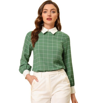 Allegra K Women's Contrast Turndown Collar Button Back Check Plaid Work Shirt