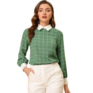 Allegra K Women's Contrast Turndown Collar Button Back Check Plaid Work Shirt - 1 of 4