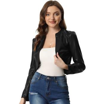 Allegra K Women's PU Bolero Shrug Open Front Leather Cropped Jacket Long Sleeve Cardigan
