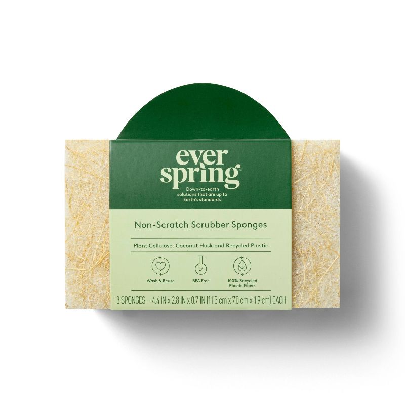 Natural Non-Scratch Scrubber Sponges - 3ct - Everspring&#8482;, 1 of 4
