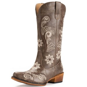 IUV Mid-Calf Cowgirl Boots Cowboy Western Pull-On Tabs Pointy Toe Boot Beige/White/Brown/Pink/Black - 1 of 4
