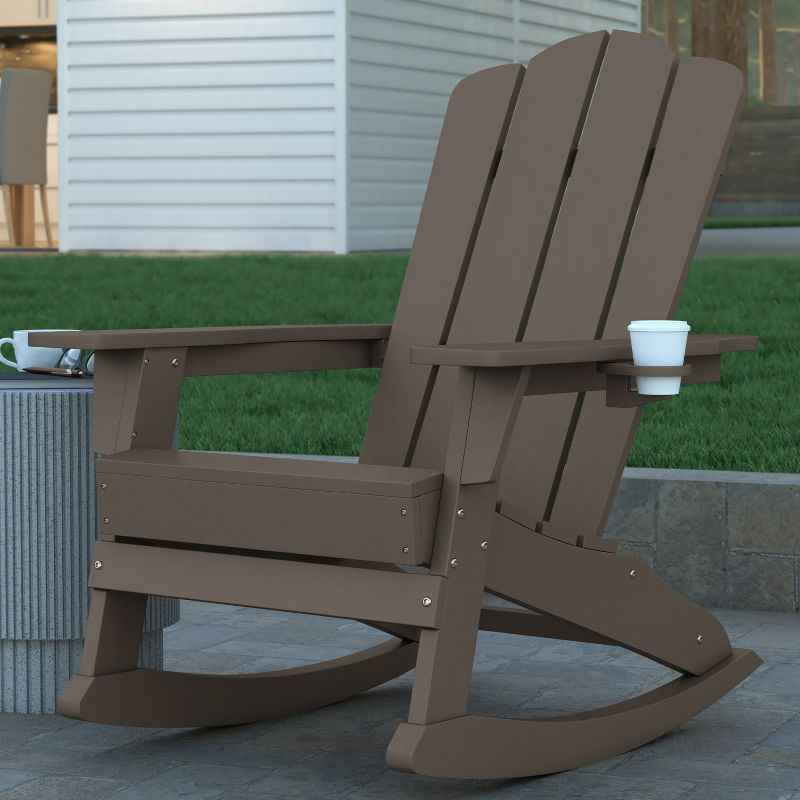 Emma and Oliver Adirondack Rocking Chair with Cup Holder, Weather Resistant HDPE Adirondack Rocking Chair in Brown, 4 of 11