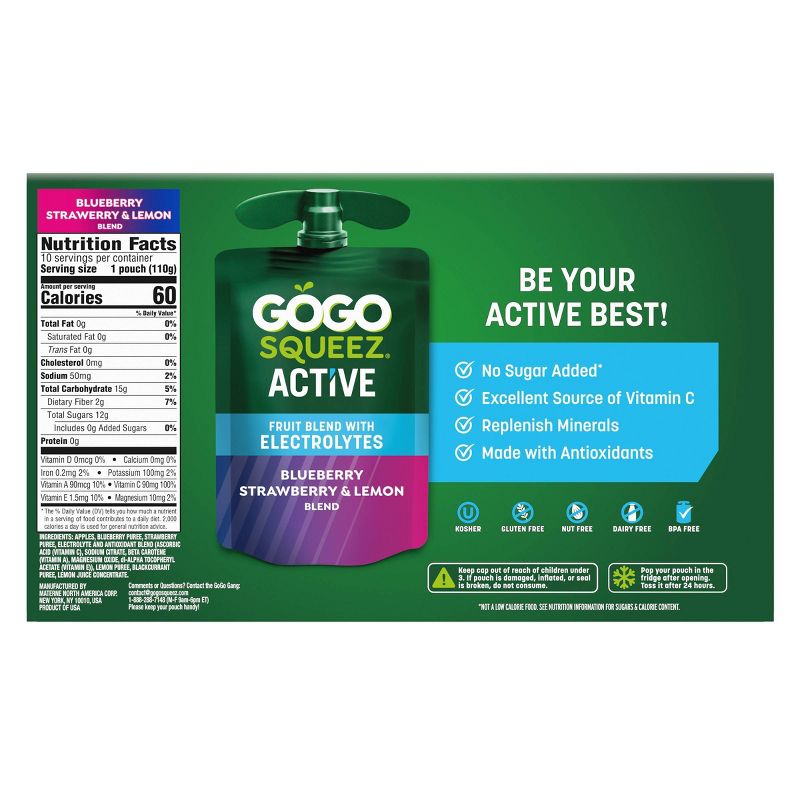 GoGo SqueeZ Active Blueberry Strawberry &#38; Lemon Fruit Blend Variety Pack - 2.42lb, 4 of 12