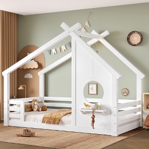 Okak Twin/Full House Floor Bed Frame with Window & Small Shelf,Solid Wood House-shaped Bed for Kids,No Spring Box Needed - 1 of 4