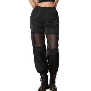 Allegra K Women's High Waist Sports Elastic Mesh Panel Sheer Baggy Cargo Pants - 1 of 4