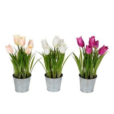 Vickerman 10.5" Artificial Assorted Set of Tulips in Metal Pot.