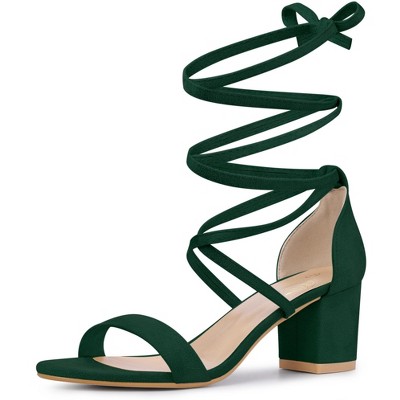 Perphy Women's Long Lace Up Open Toe Mid Chunky Open Toe Heel Sandals