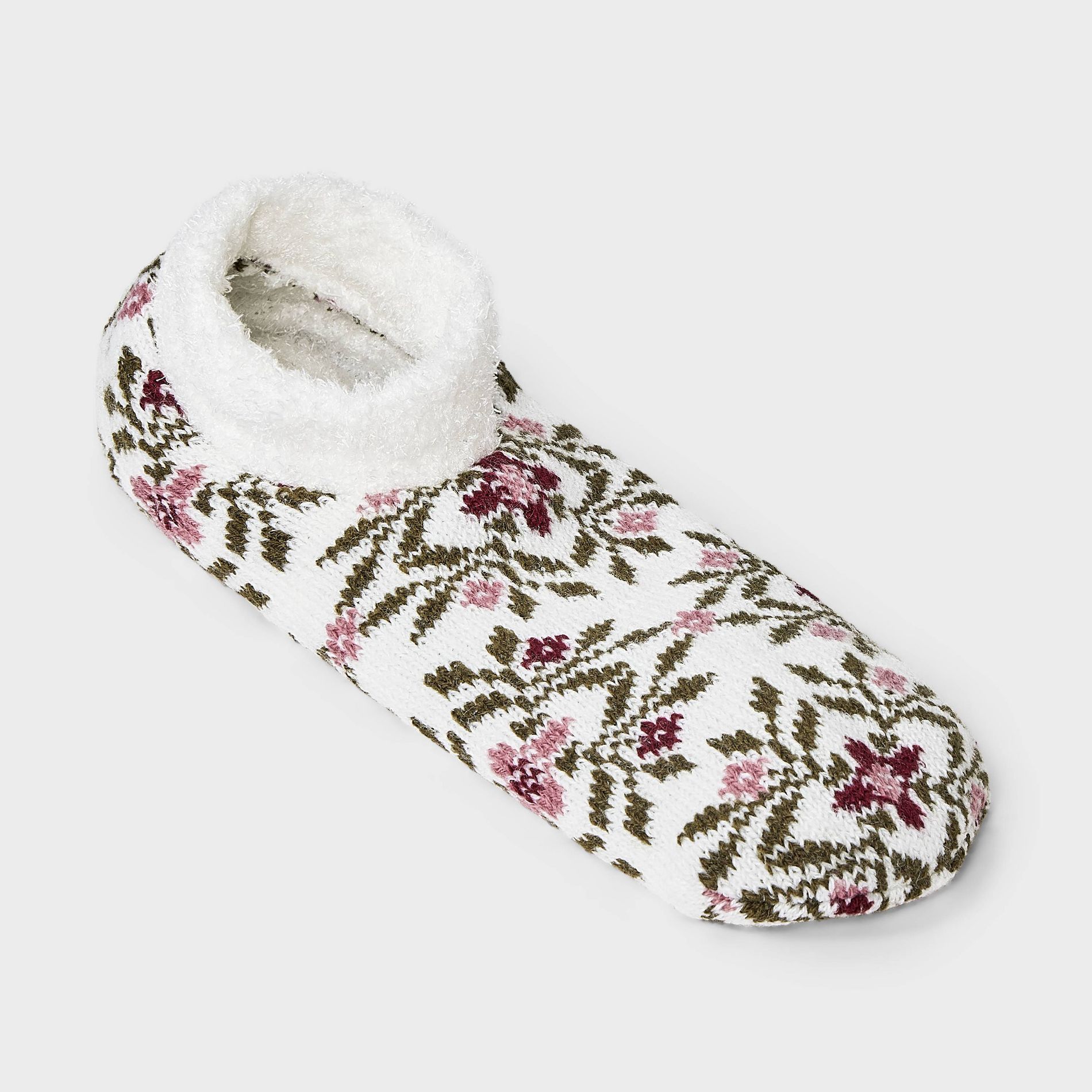 Women's Floral Double Lined Cozy Booties with Grippers - Auden™ Ivory/Pink/Green 4-10
