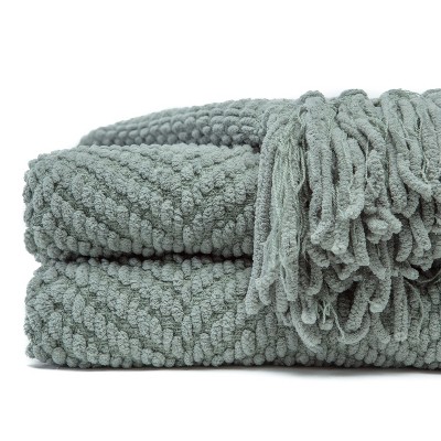 Tan Sage Knitted Throw Blanket with Tassels - 50" x 65"