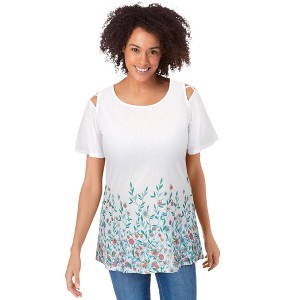 Woman Within Plus Size Lattice-Detail Cold-Shoulder Tee - 1 of 4