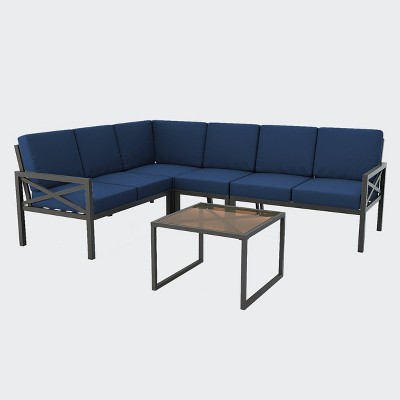 Leisure Made Blakely 5pc Aluminum Sectional in Navy Fabric