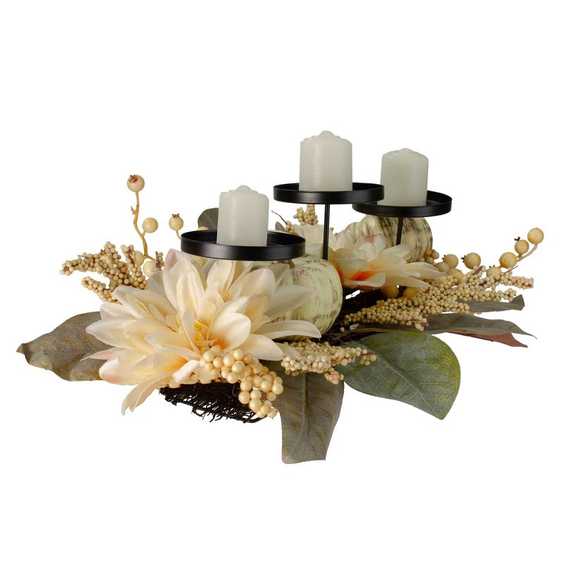 Northlight 21" White Dahlia and Pumpkin Fall Candle Holder Centerpiece, 4 of 7