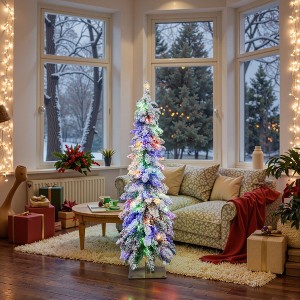 Costway 4 FT/5FT/6FT Pre-Lit Slim Christmas Tree Flocked Xmas Decoration 11 Modes 100 LED Lights - 1 of 4